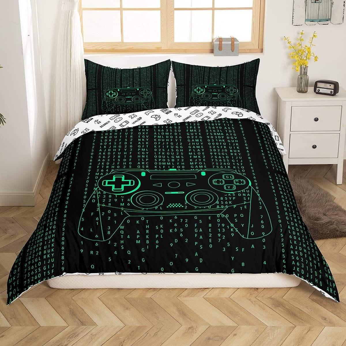 Juego de ropa de cama Gamer para jóvenes, 155 x 220, juego de cama para niños, adolescentes, hombres, vídeos, decoración, juego de cama reversible, funda verde, mando de juegos retro, cama de lujo, color blanco, 2 piezas