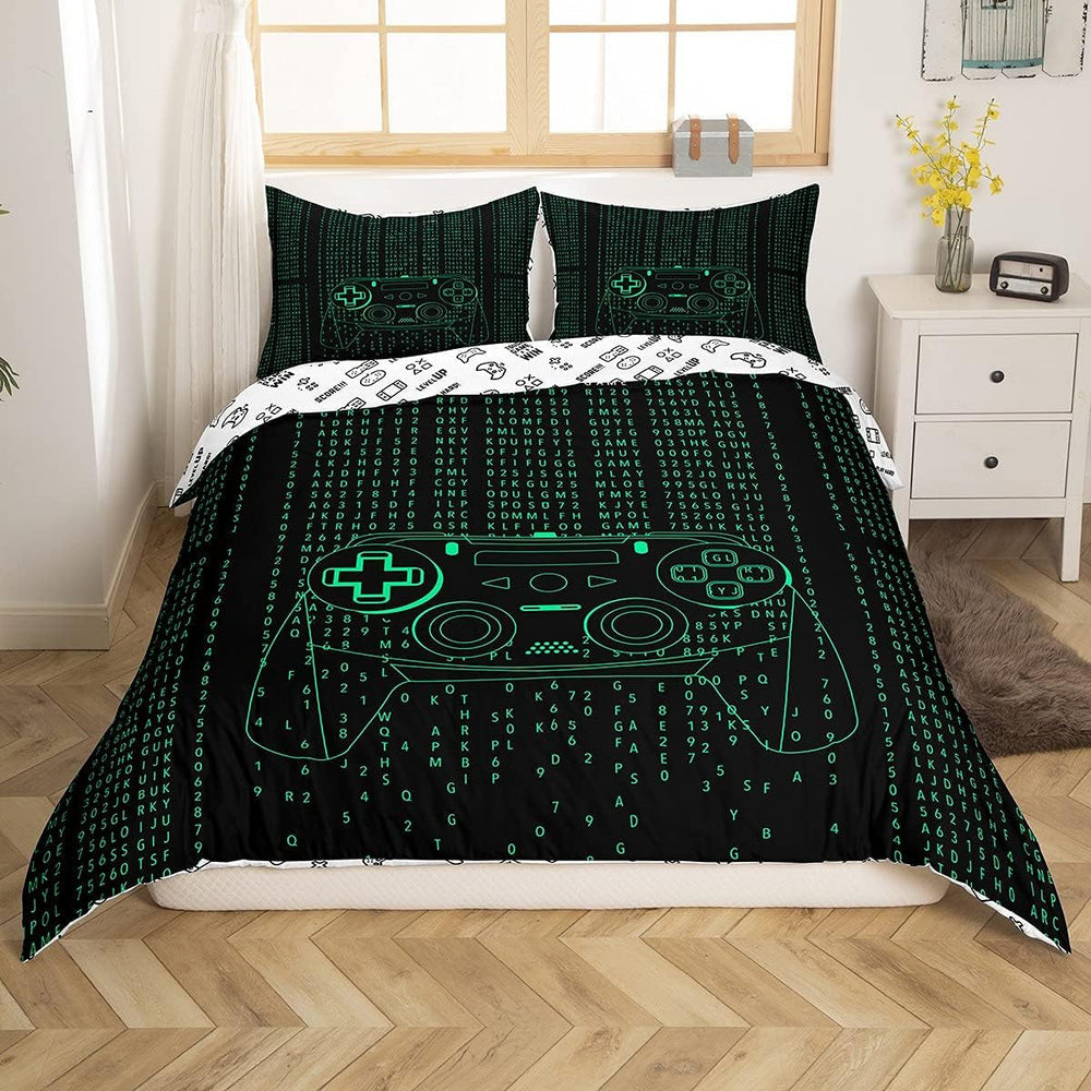 Juego de ropa de cama Gamer para jóvenes, 155 x 220, juego de cama para niños, adolescentes, hombres, vídeos, decoración, juego de cama reversible, funda verde, mando de juegos retro, cama de lujo, color blanco, 2 piezas