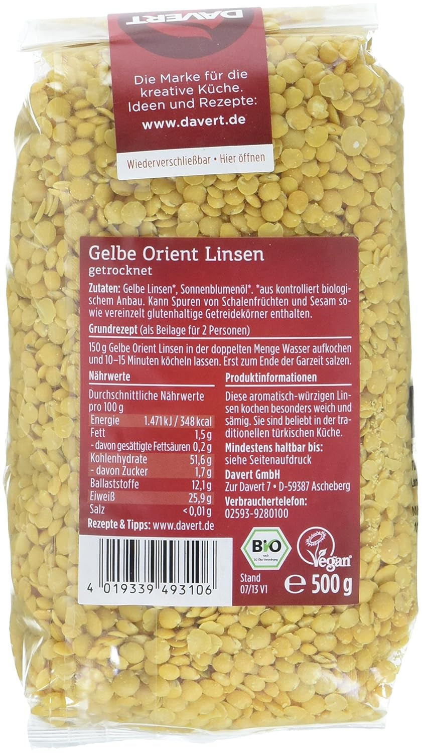 Lentejas amarillas orientales Davert (1 x 500 g) - Bio