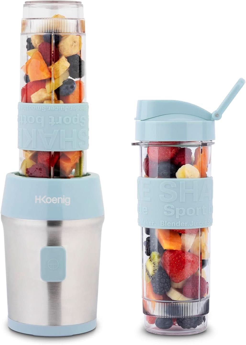 H.Koenig Smoothie Maker SMOO9 - Mini batidora - Mini batidora - 300 Watt - 570 Ml - Edelstahl - 2 Kunststoffflaschen - Bpa-Frei, Grau Kitchen Naty Shop Pastelblau