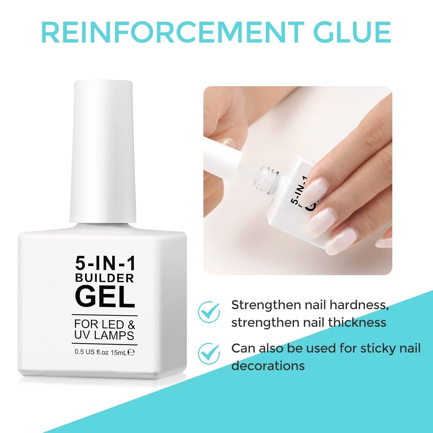Gel de întărire Builder 5 în 1 15 ml, Gel de întărire pentru unghii, Gel de întărire pentru unghii, Ojă UV/LED pentru extensii de unghii, Extensii, Nail Art, Autocolante, Gel de întărire pentru unghii cu gel (Alb)