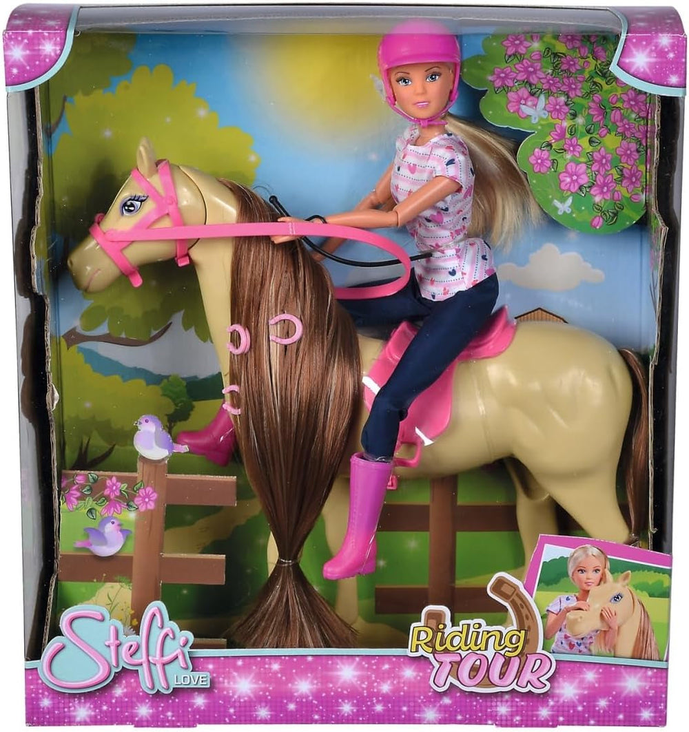 Simba 105730939 - Steffi Love Riding Tour, En traje de montar, Con 2 caballos, Muñeca totalmente articulada, Muñeca con disfraces, 29cm, Para niños a partir de 3 años Muñecas Naty Shop