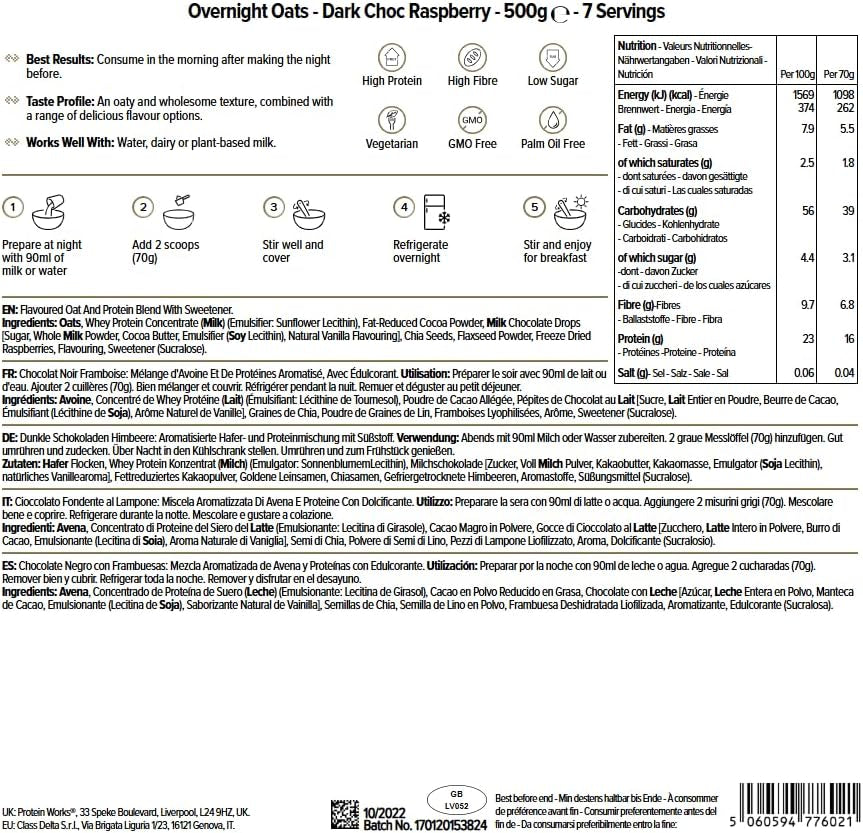 Avena nocturna con proteínas | Chocolate negro y frambuesa | Desayuno rico en proteínas | Merienda baja en azúcar | Avena con IG bajo | 500g