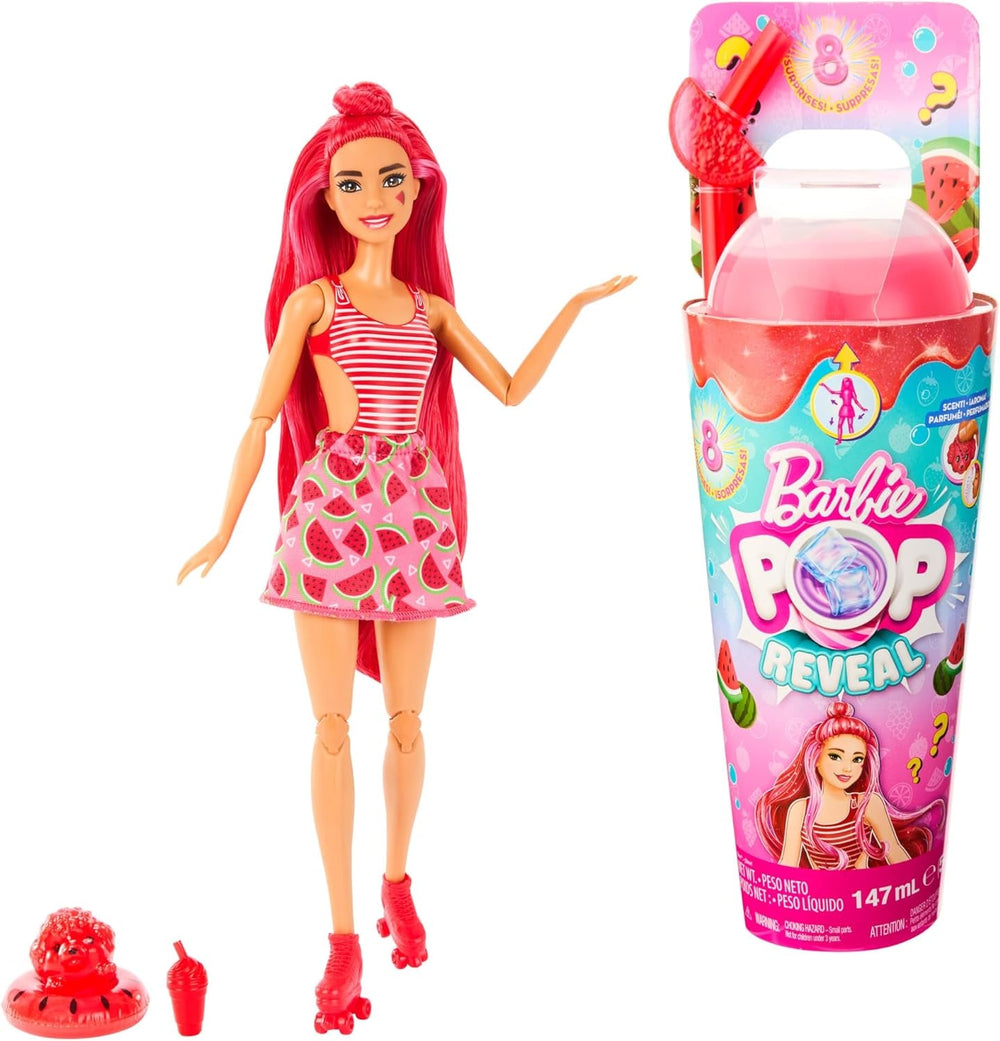 Barbie Pop Reveal Fruit - Überraschungspuppen mit 8 fruchtigen Überraschungen, inklusive beweglicher Puppe mit Erdbeerlimonadenduft und Squishy-Hündchen, ab 3 Jahren, HNW41