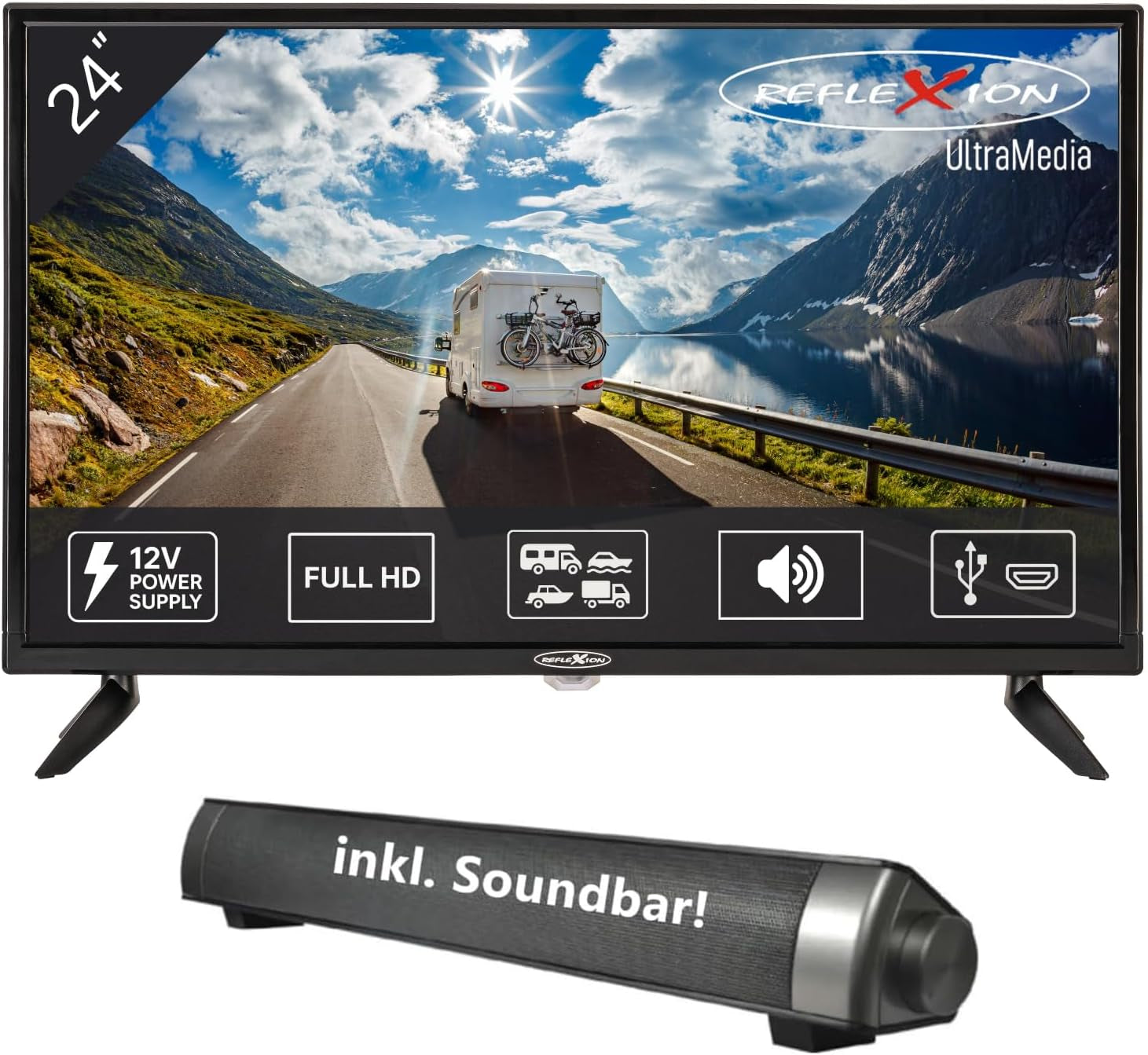 Televizor inteligent Reflexion LED24iBT de 24 de inci cu soundbar, Full HD, WLAN, Bluetooth, HDMI, USB, CI+, adaptor auto de 12V – ideal pentru autorulote, caravane, rulote și bărci – incl. telecomandă