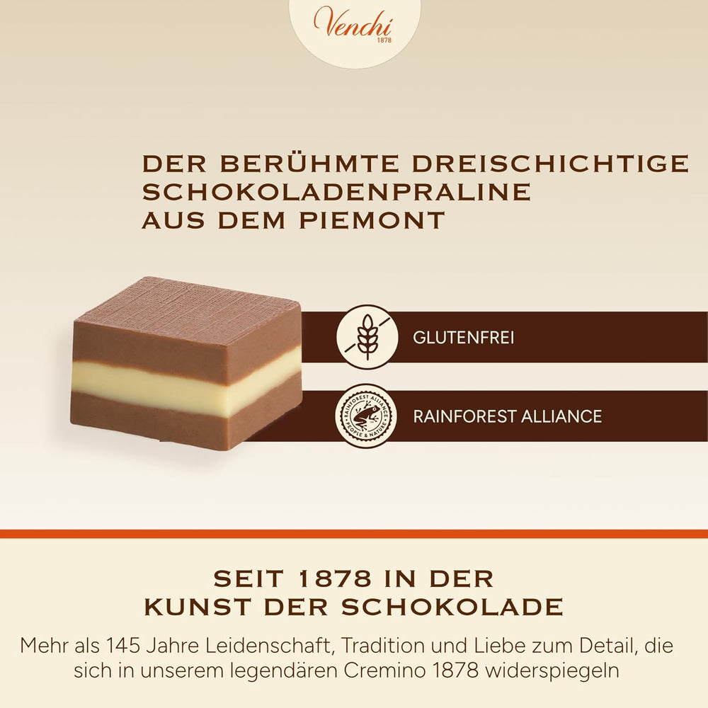 Venchi - Cremini 1878 - Chocolate de tres capas con gianduja con leche y pasta de almendras, "Avellanas Piamontesas IGP", 1 kg, sin gluten, sin colorantes y sin conservantes