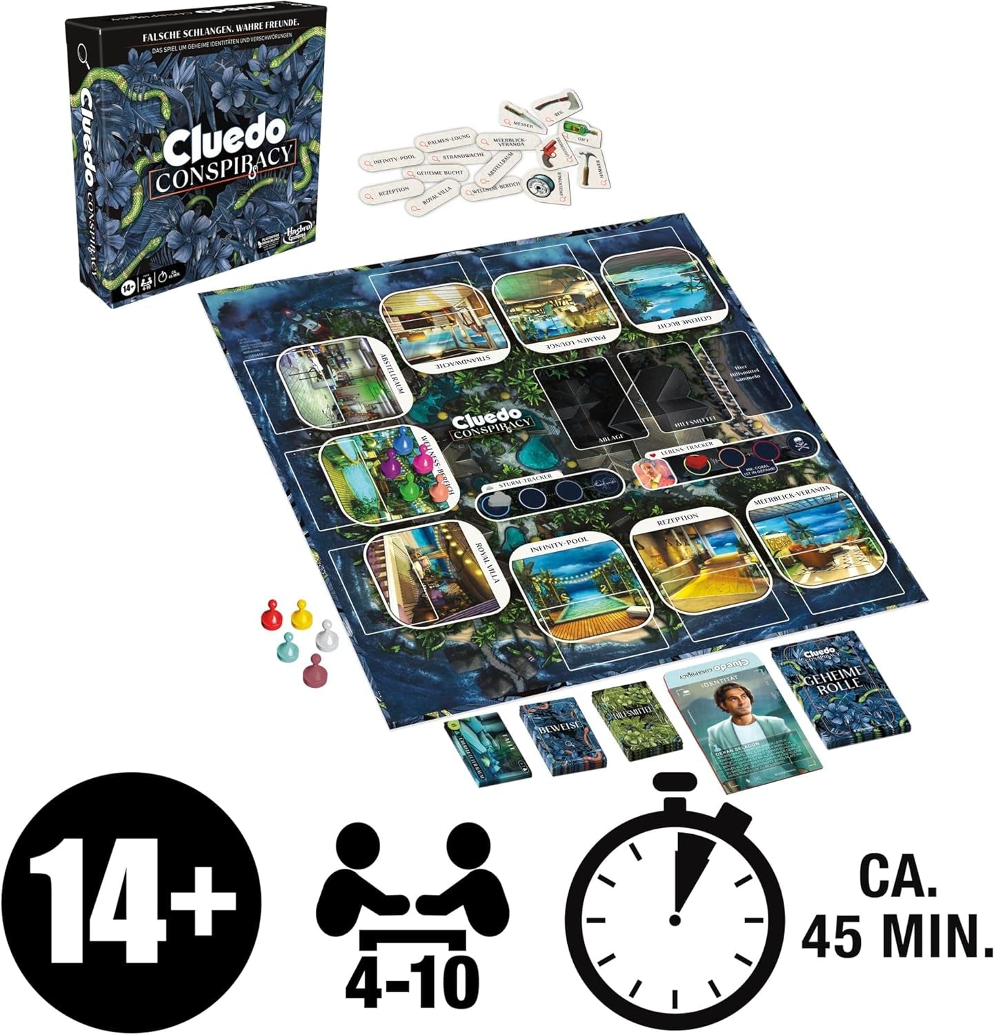 Joc de societate Cluedo Conspiracy de la Hasbro Gaming pentru adulți și adolescenți, versiunea germană a jocului de mister, pentru 4-10 jucători și cu vârsta de 14 ani și peste