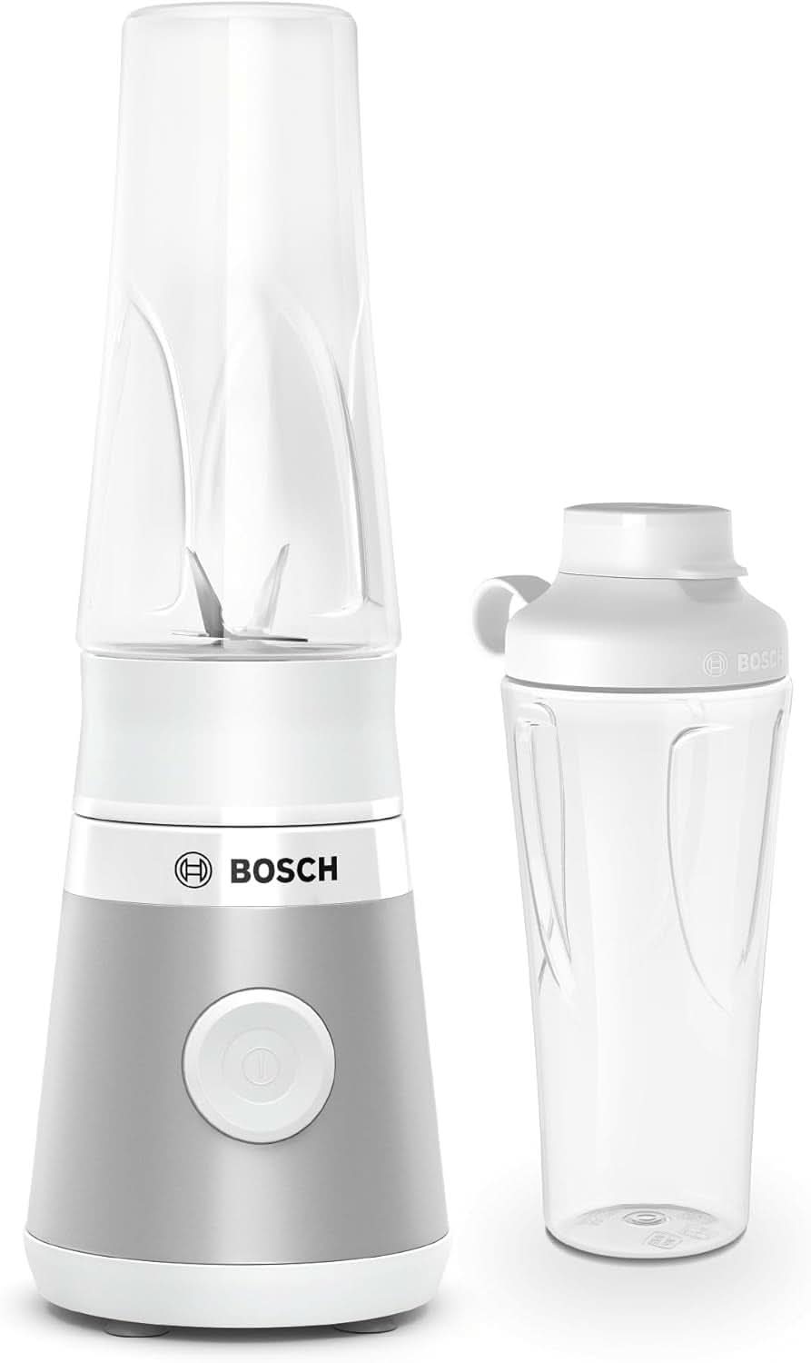 Bosch Minibatidora con base Vitapower Serie 2 MMB2111S, Batidora de alta velocidad, Bis Zu 40.000 rpm, Tritan Togo-Flasche 0,6 L, Trinkdeckel, Bruchsicher, Spülmasch.Geeignete Teile, 450W, Plata/Negro Cocina Naty Shop Single Silber / Weiß
