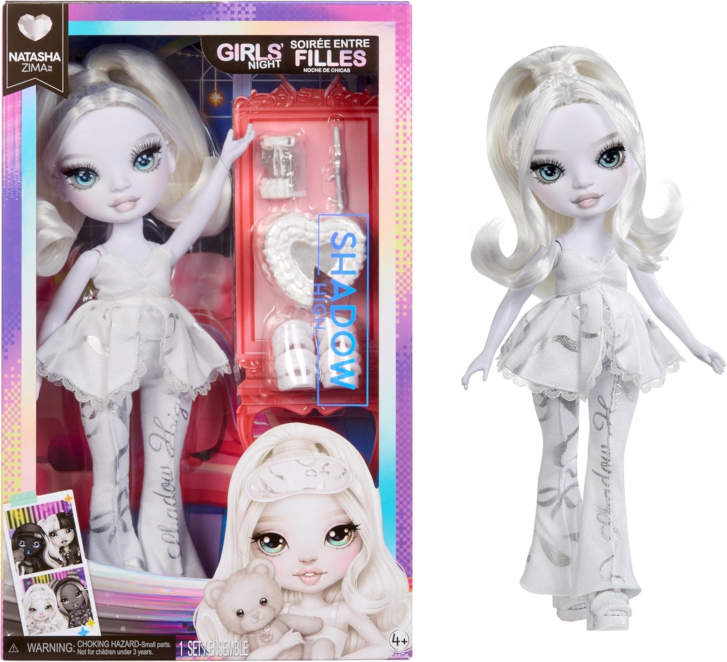 Păpușă Rainbow High Shadow High Girl's Night – Natasha Zima – Păpușă la modă de 28 cm în nuanțe de gri, păr alb și ținută argintie cu accesorii și pieptene – Pentru colecționari și copii cu vârsta de 6 ani și peste