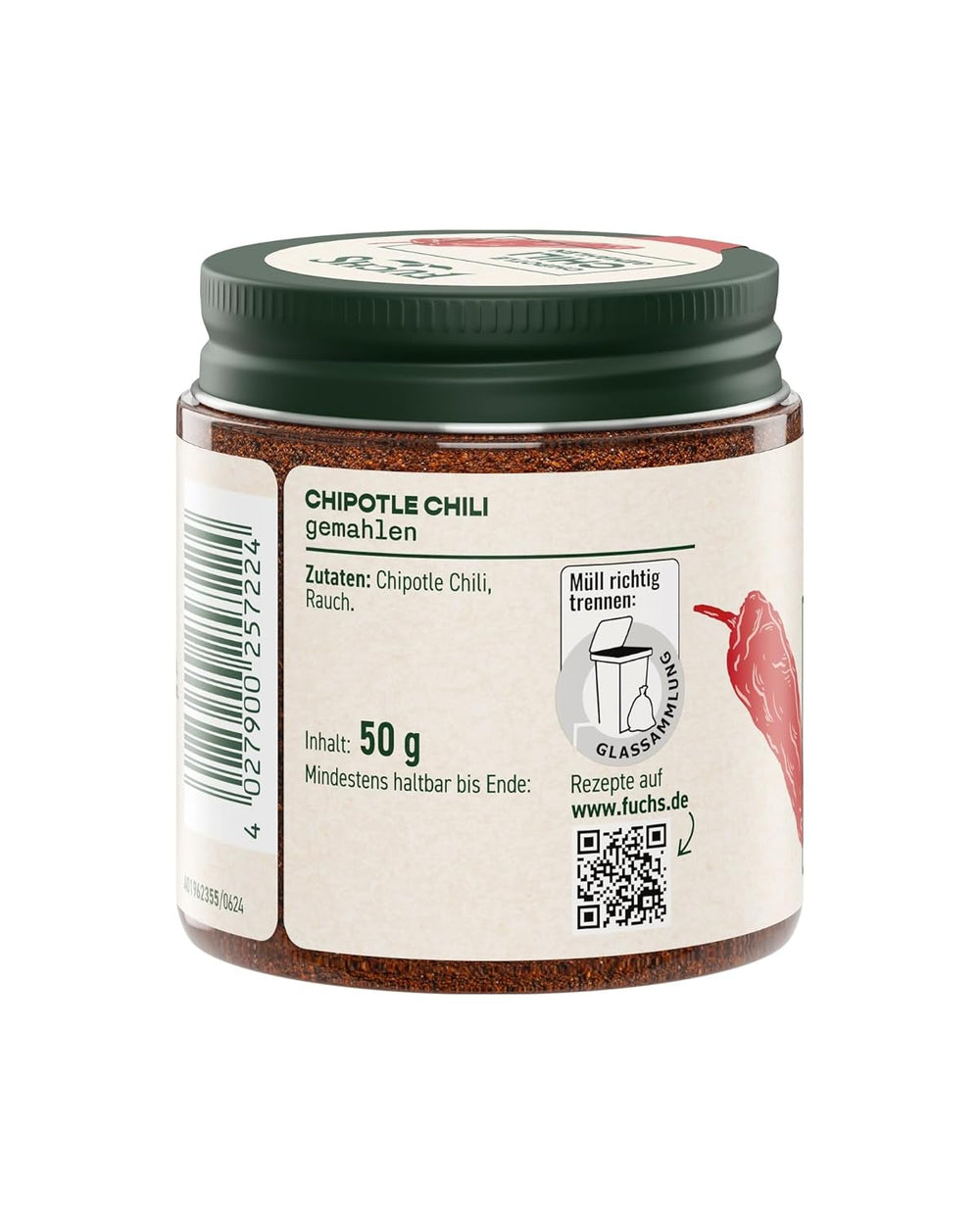 Fuchs Gewürze - Chipotle Chili gemahlen | Chilipulver Rauchiges | Chile en polvo en calidad Premium 50 g im wiederverschließbaren Gewürzglas
