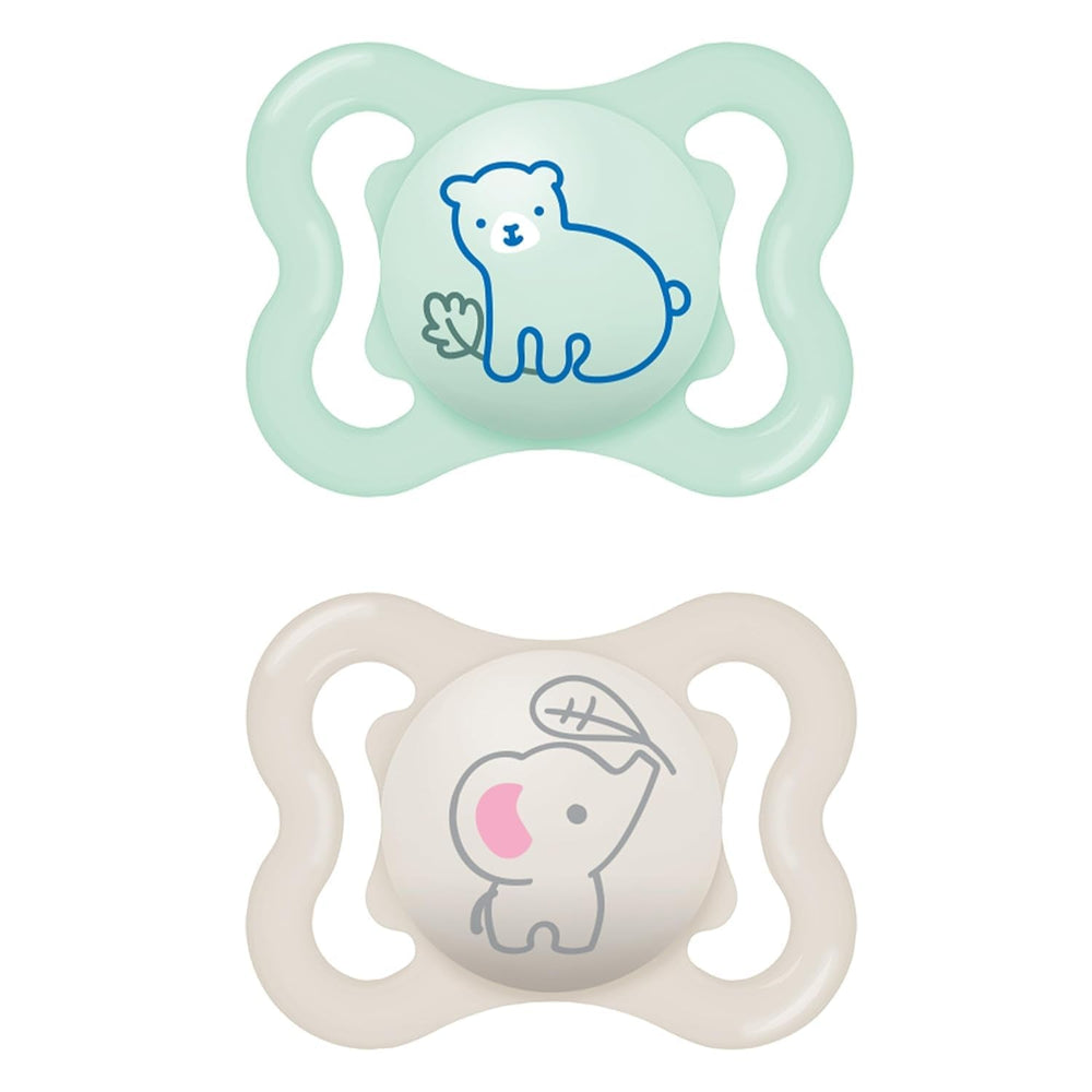 Suzete MAM Air din silicon, pachet de 2, design extra ușor și aerisit, suzetă pentru bebeluși prietenoasă cu dinții, fabricată din silicon special MAM SkinSoft, cu cutie pentru suzetă, 6-16 luni, Ursuleț/Rinocer