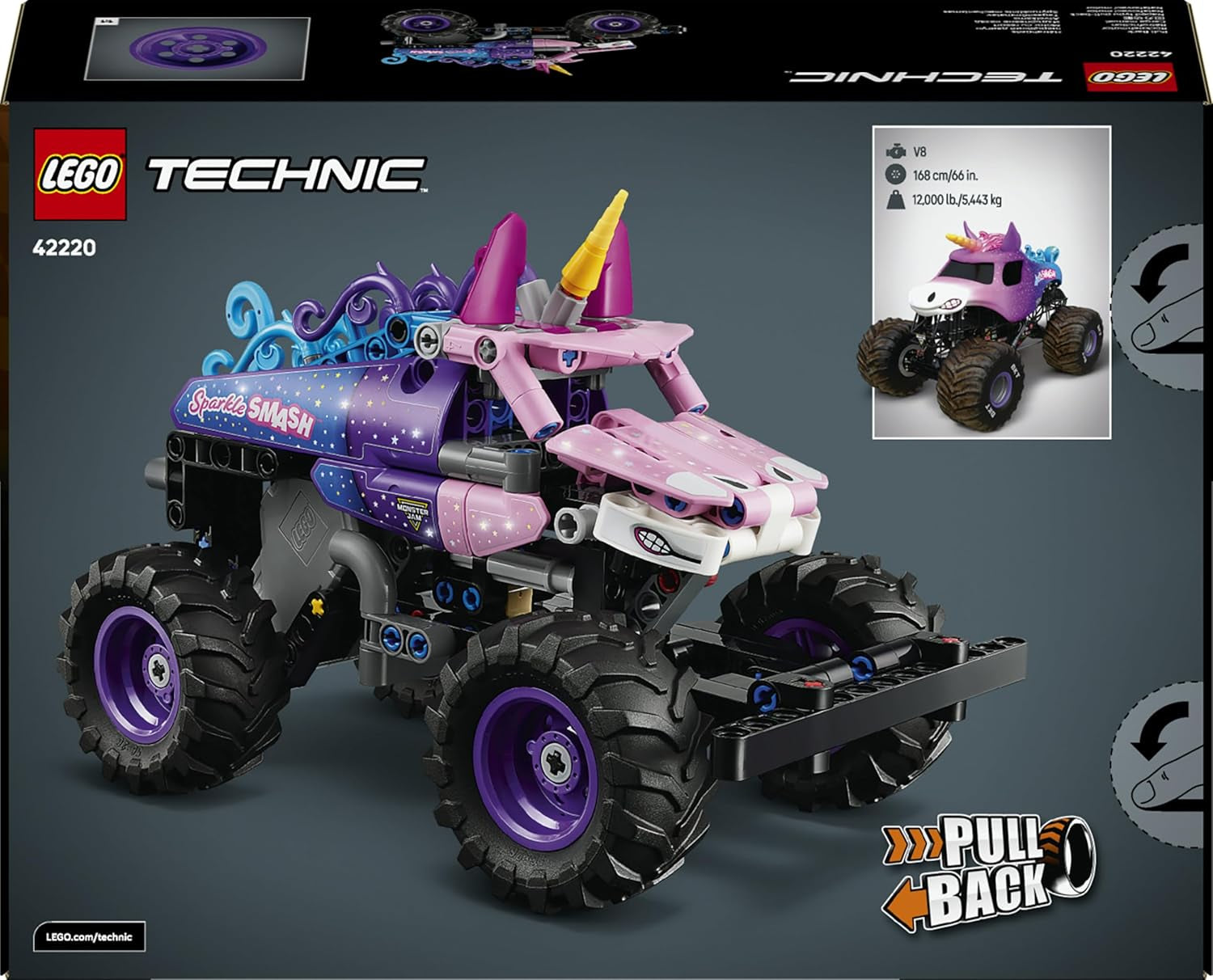LEGO Technic Monster Jam Sparkle Smash con motor de rueda - Technic Monstertruck & Einhorn Monster Truck Spielzeug - Juegos creativos de 7 años para niños, niñas y niños - 42220