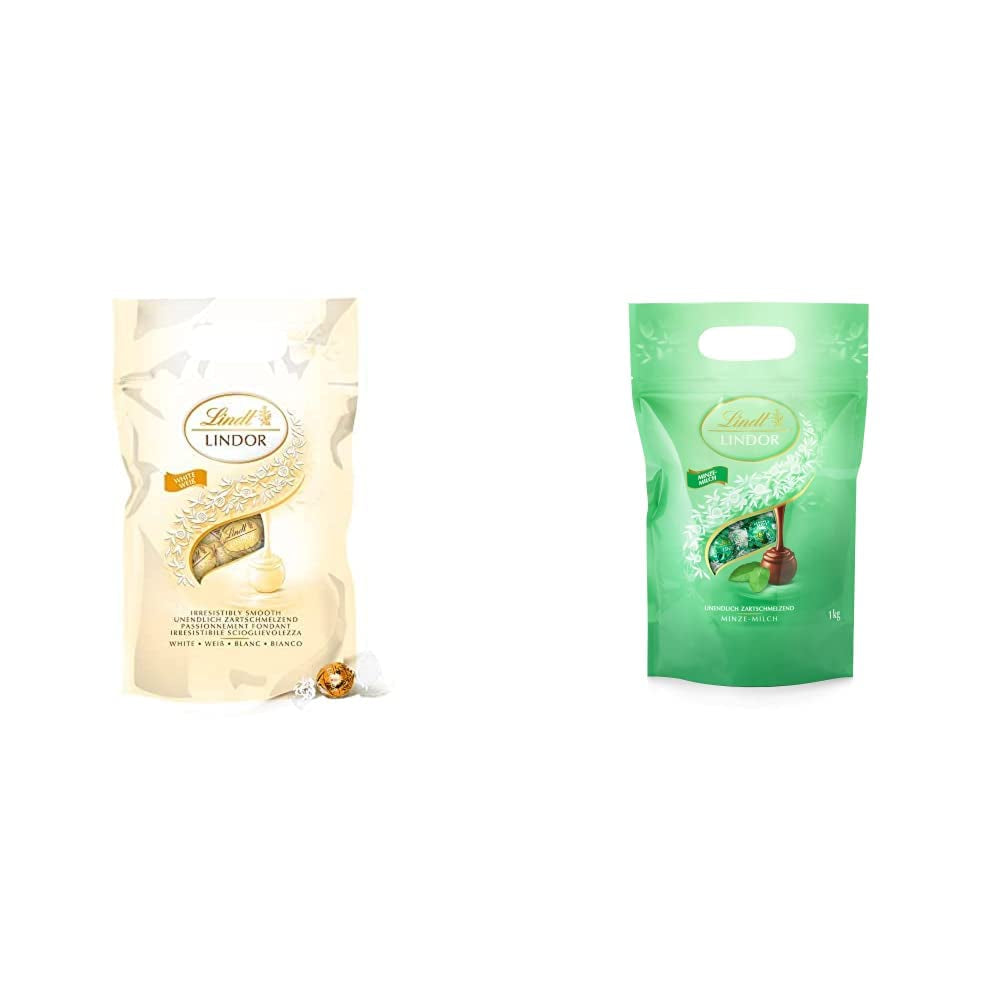 LINDOR bolitas de chocolate blanco, 1 kg y LINDOR | Bolsa resellable de 1 kg | aprox. 80 bolitas de chocolate con leche con relleno de menta | Paquete a granel, regalo de praliné, regalo de chocolate.