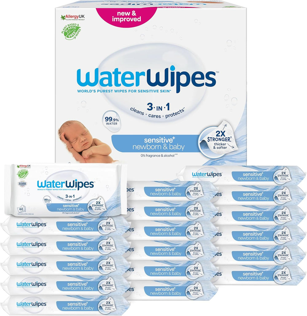 WaterWipes Sensitive+ Toallitas Húmedas para Recién Nacidos y Bebés, 540 Piezas (9 Paquetes), 3 en 1 Limpieza, Cuidado, Protección, 99,9% Agua, Sin Fragancia