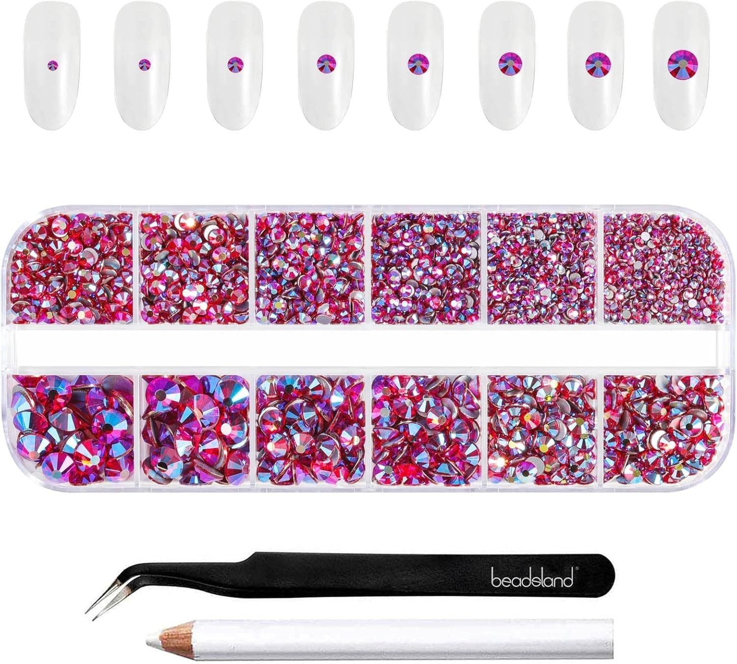 Beadsland 2500Pcs Glas Nailart Strasssteine Kristall Flatback Edelsteine Runde, ​​Für Handwerk Gemischt 8 Größen SS4 ~ SS30 Mit Picking Pinzette Und Stift (Kristall Weiss)