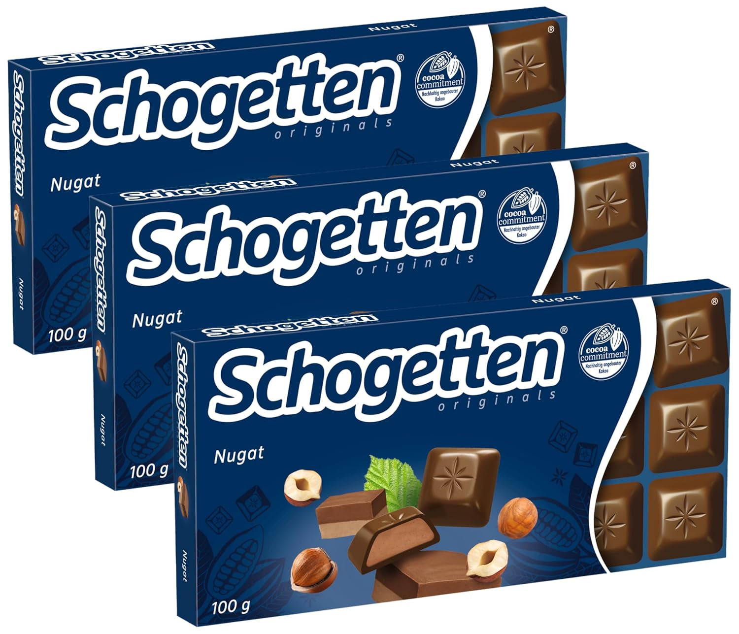 Barra de chocolate Schogetten Nougat 100g, en porciones individuales. Una delicia. Pieza por pieza.