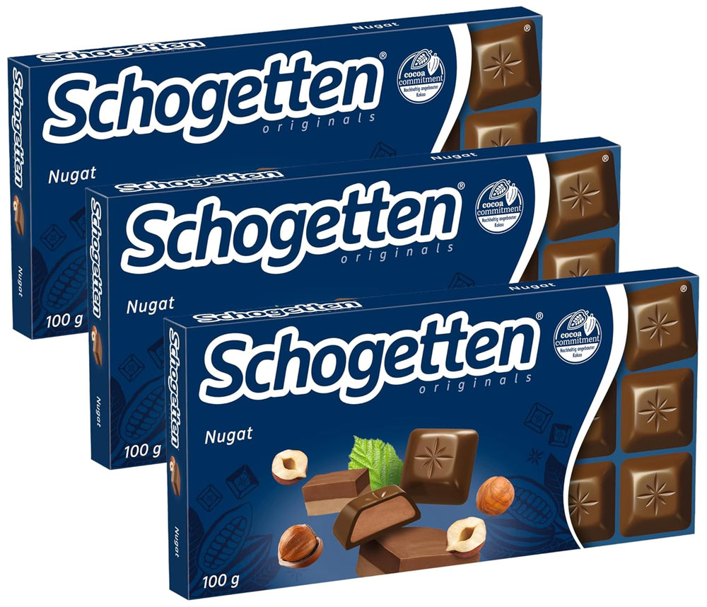 Barra de chocolate Schogetten Nougat 100g, en porciones individuales. Una delicia. Pieza por pieza.