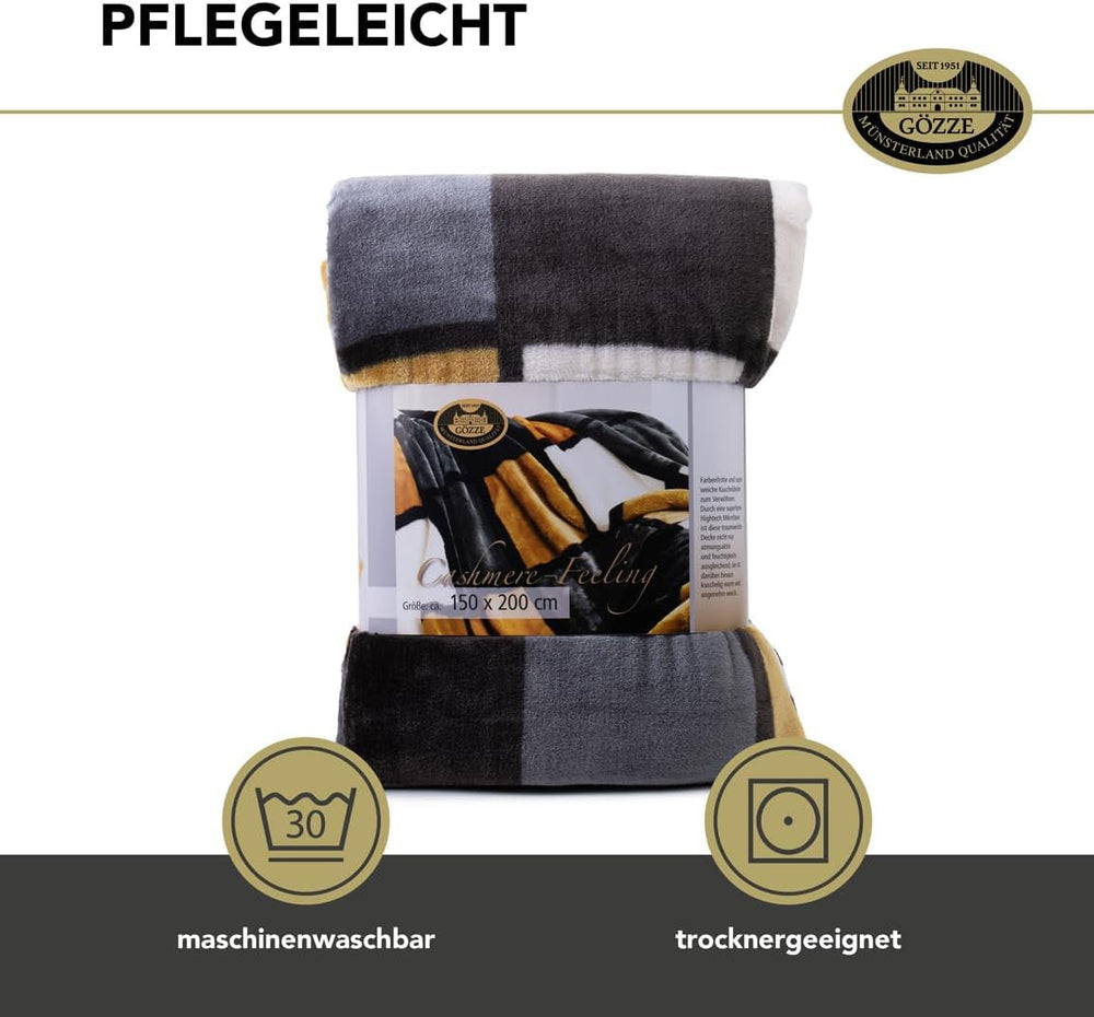 Gözze - Manta suave y cómoda, sensación de cachemira, tejido pesado 500 g/m², Antigua, 150 x 200 cm - Camas y mantas mostaza/negro/blanco Besuche den Gözze-Store