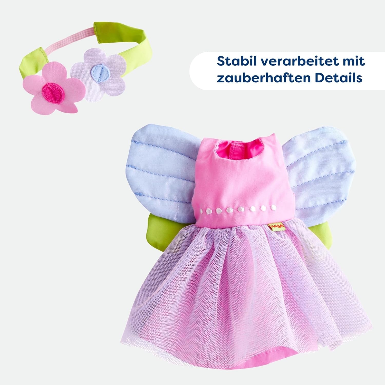 Haine pentru păpuși HABA Fairy Magic – set de 2 piese pentru păpuși cu vârsta de 18 luni și peste (30 cm) – rochie cu tul și aripi, bandă pentru păr cu flori inclusă – 1306243001