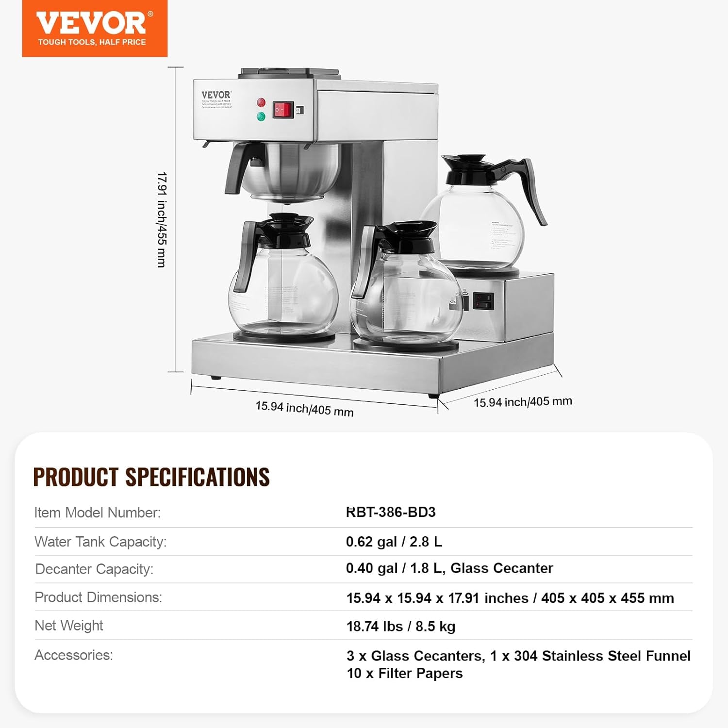 VEVOR Espressor comercial cu filtru pentru 12 căni, espressor cu 3 carafe de sticlă și 3 plăci de încălzire, espressor din oțel inoxidabil cu alimentare automată cu apă, pentru restaurante, birouri, cafenele