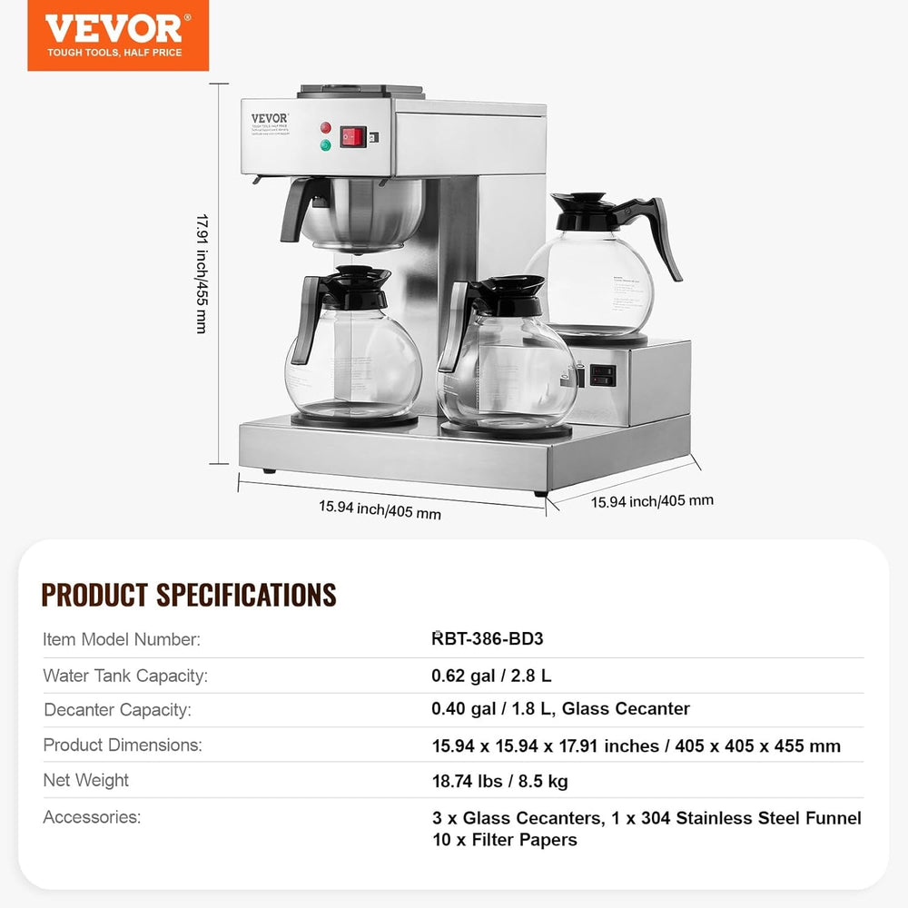 VEVOR Espressor comercial cu filtru pentru 12 căni, espressor cu 3 carafe de sticlă și 3 plăci de încălzire, espressor din oțel inoxidabil cu alimentare automată cu apă, pentru restaurante, birouri, cafenele
