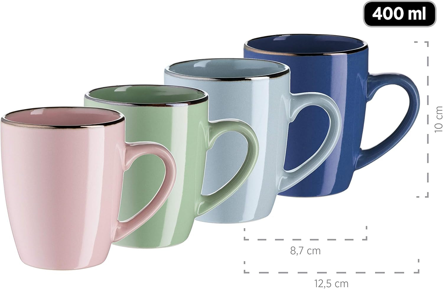 MÄSER 931870 Ramă metalică, Set de veselă modern pentru 4 persoane cu ramă de culoarea alamei, Set combinat de 16 piese cu forme de coupe fără ramă, Multicolor, Gresie, Pastel'n'Blue