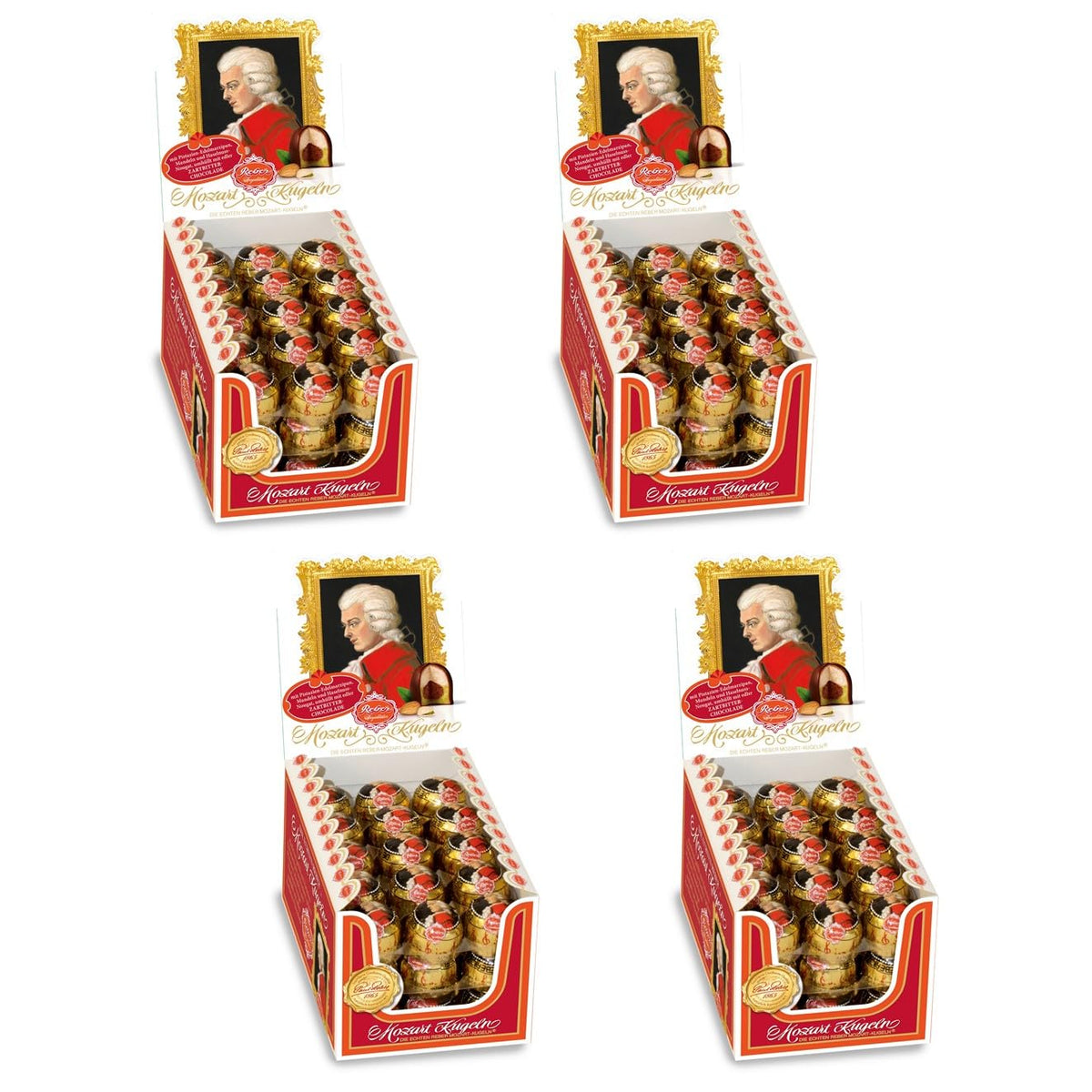 Reber Bolitas Mozart, caja de presentación 4x45, bolitas de chocolate negro rellenas de turrón de pistacho, mazapán, almendras y avellanas, 3,6 kg (180 piezas)