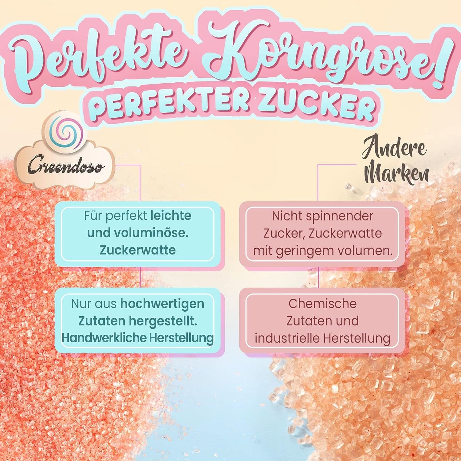 GREENDOSO® Algodón de azúcar para máquina de algodón de azúcar (4 x 320 gramos) - 4 sabores (fresa/cola/frambuesa/manzana) + 50 barritas - MADE in FRANCE Naty Shop