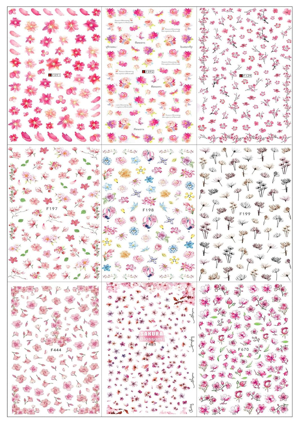 JMEOWIO Nagelsticker Frühling Blume 9 Blatt Nagelaufkleber Selbstklebend Rosa Blüte Nail Art Sticker Dekoration Nageldesign Zubehör