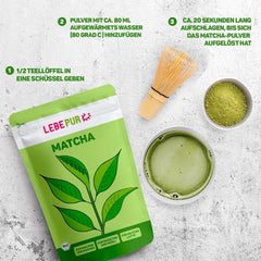 Lebepur BIO Matcha Pulbere 100G - Calitate premium din Japonia Fără aditivi - 100% pulbere de ceai verde pură pentru Matcha Latte, ceai Matcha, ceai verde, smoothie - Ceai verde japonez