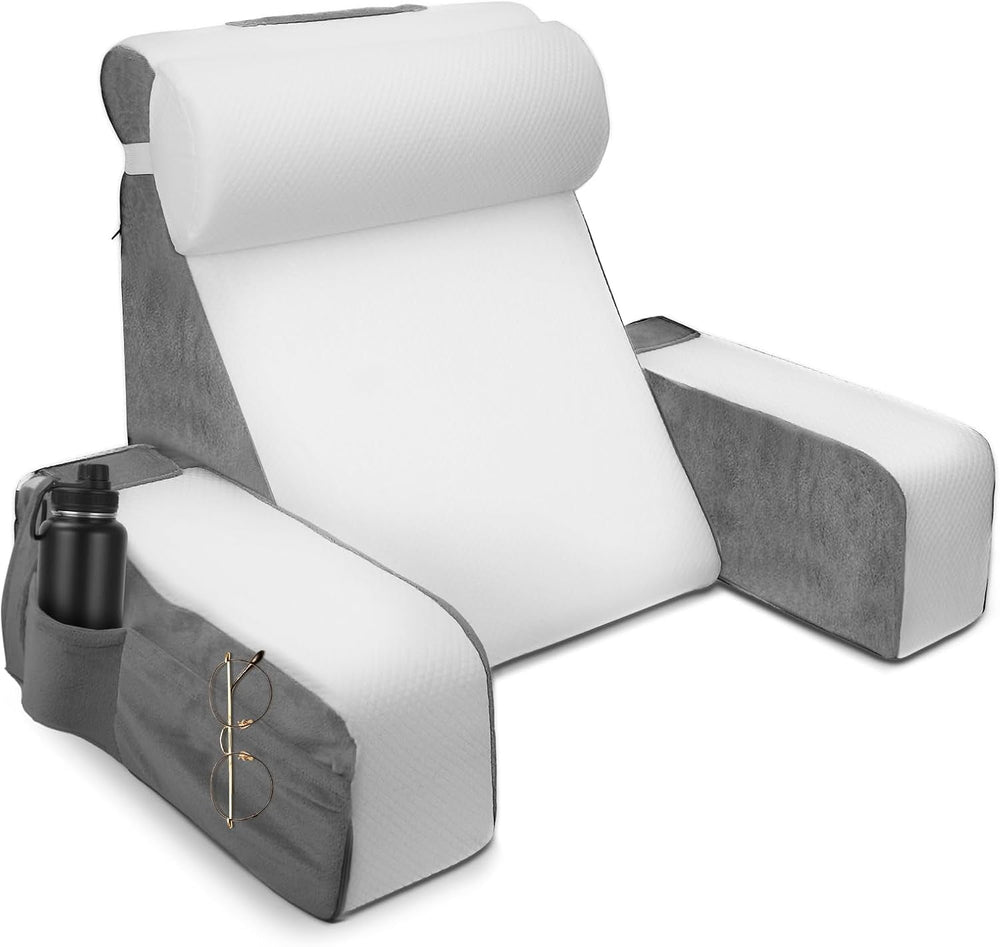 Pernă mare de citit cu suport pentru gât și cotiere detașabile, pernă pentru spate pentru pat, pernă ergonomică pentru spătar cu braț, buzunar și husă lavabilă pentru citit și vizionat la televizor.