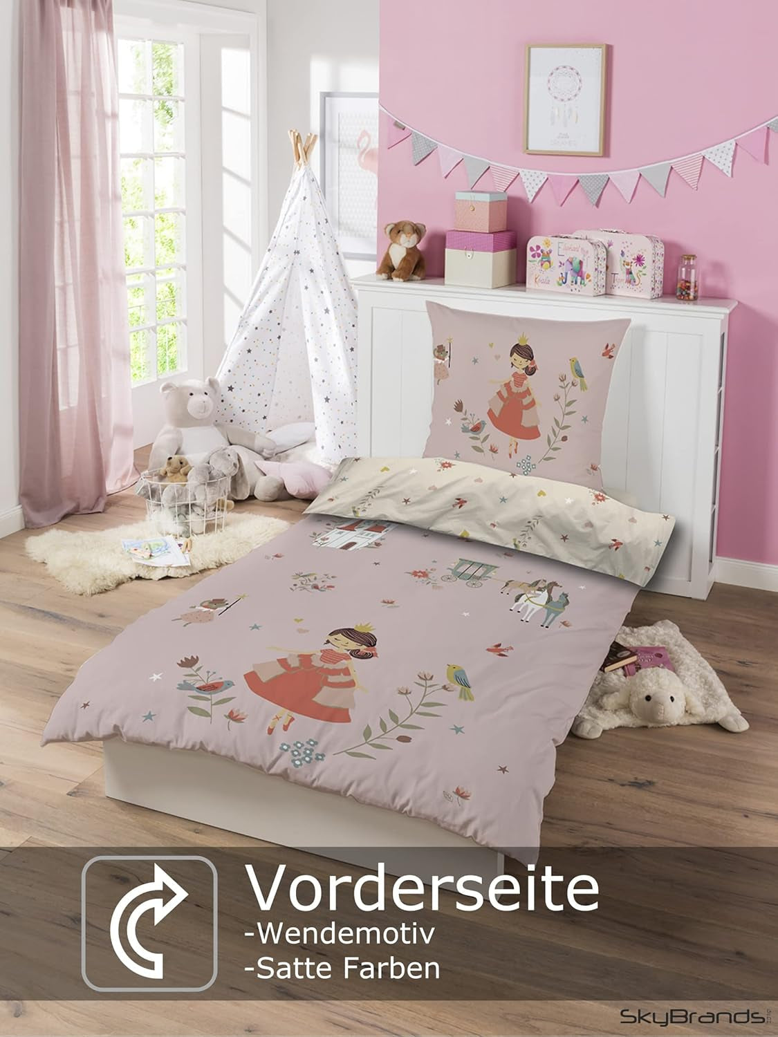 Skybrands Bettwäsche Prinzessin 135X200 [Mit Beutel] Einhorn Mädchen Bettwäsche Baumwolle 2 TLG. 1X Bettbezug 1X Kissenbezug Tienda Naty