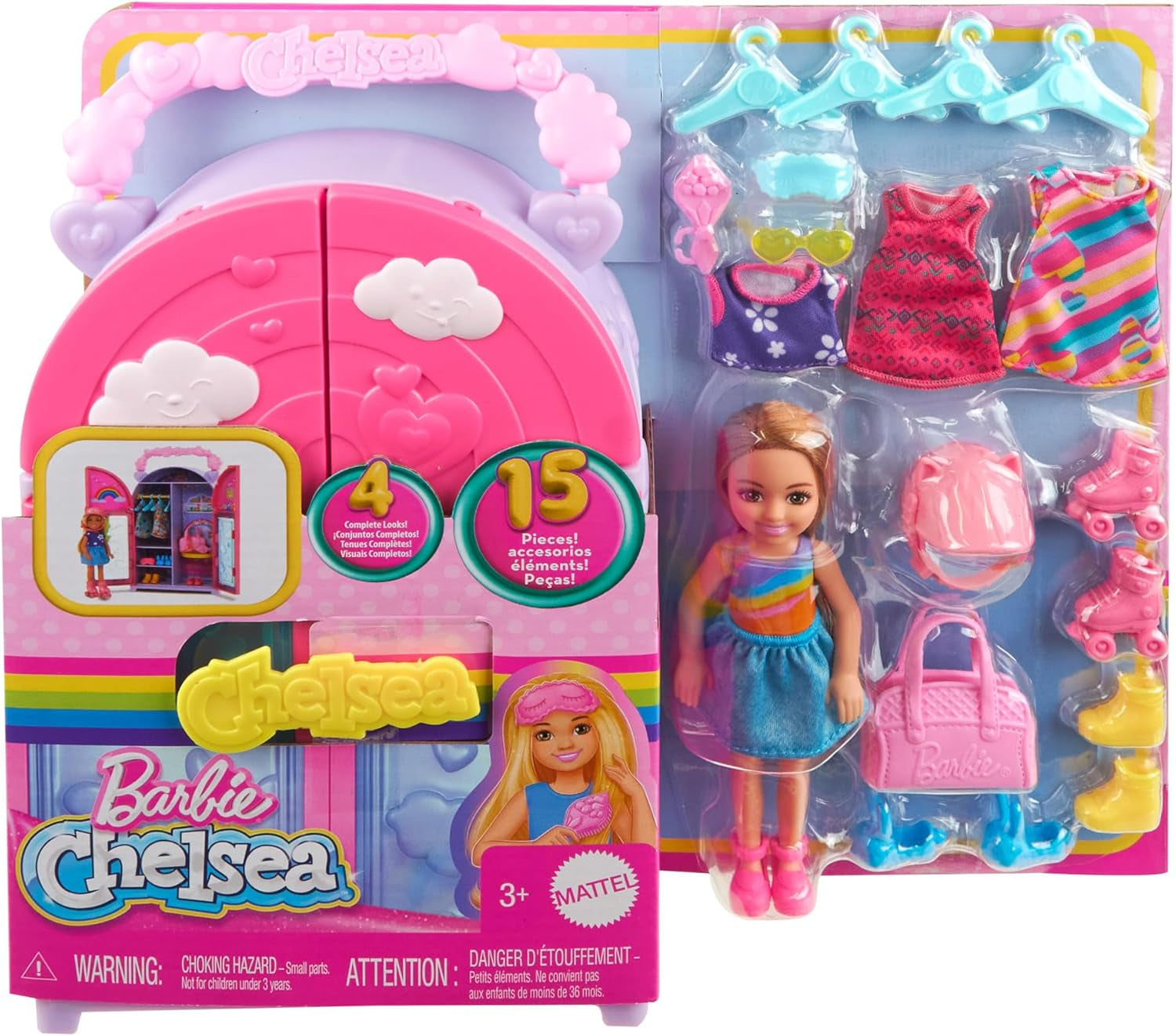 Barbie Chelsea Juego de Muñecas y Armario con Ropa y Accesorios, Juego de 17 Piezas, Plegable para Viajar, Jugar y Guardar, HXN03 Naty Shop Dolls