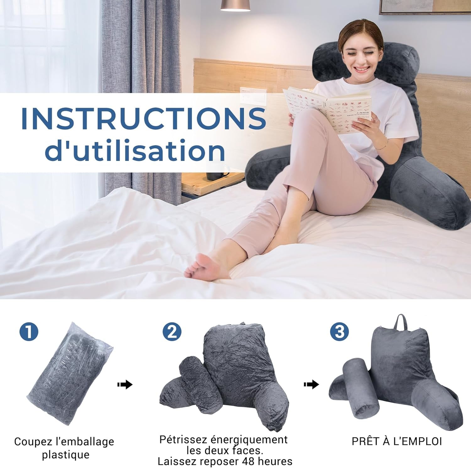 Pernă ergonomică pentru citit INFANZIA cu cotiere, suport pentru spate, mare, gri