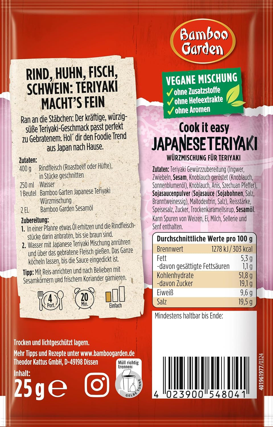 Bamboo Garden - Mezcla de condimentos Teriyaki, Gewürzmischung für Teriyaki, Für 4 Portionen, Ohne Geschmackverstärker und Konservierungsstoffe, 1 x 25 g (Verpackungsdesign kann abweichen)