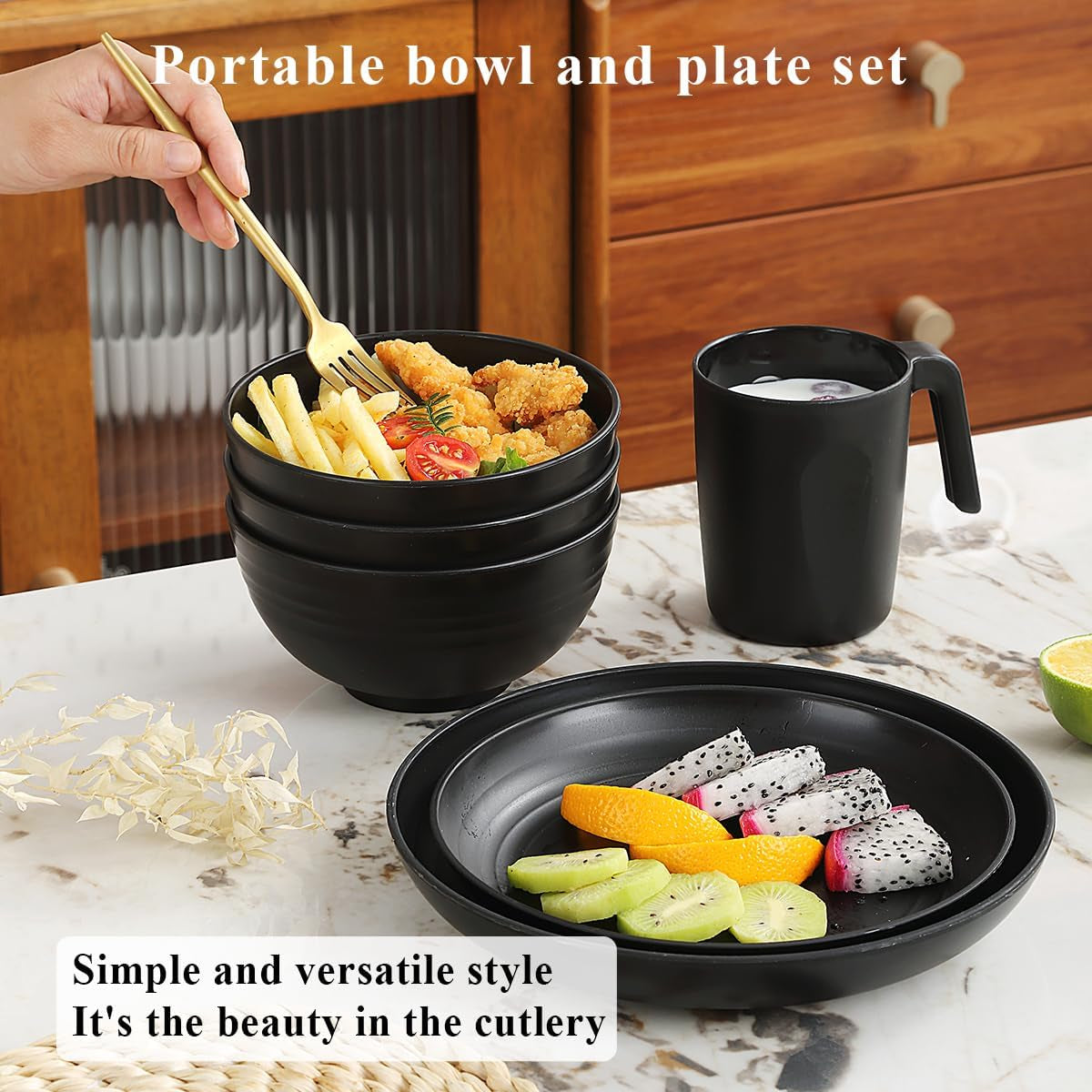 Set de veselă Berglander din plastic negru, 24 de piese pentru 6 persoane, farfurii și boluri reutilizabile, inclusiv farfurii de cină, farfurii de desert, boluri pentru cereale și cești pentru casă, grădină și picnicuri