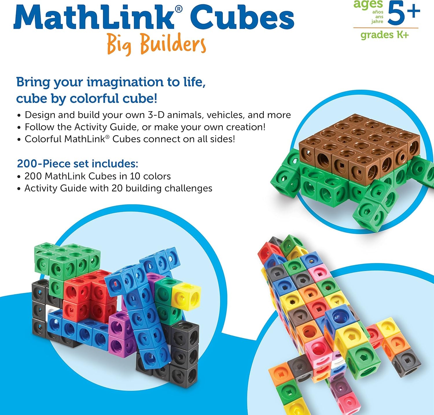 Recursos de aprendizaje MathLink Steckwürfel Big Builders para Baumeister, ab 5 Jahren, Konstruktionsspielzeug für frühes Mint-Lernen, 200 Teile