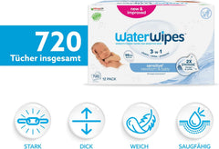 WaterWipes Sensitive+ Toallitas húmedas para recién nacidos y bebés, 720 unidades (paquete de 12), limpieza, cuidado, protección 3 en 1, 99,9% agua, sin fragancia