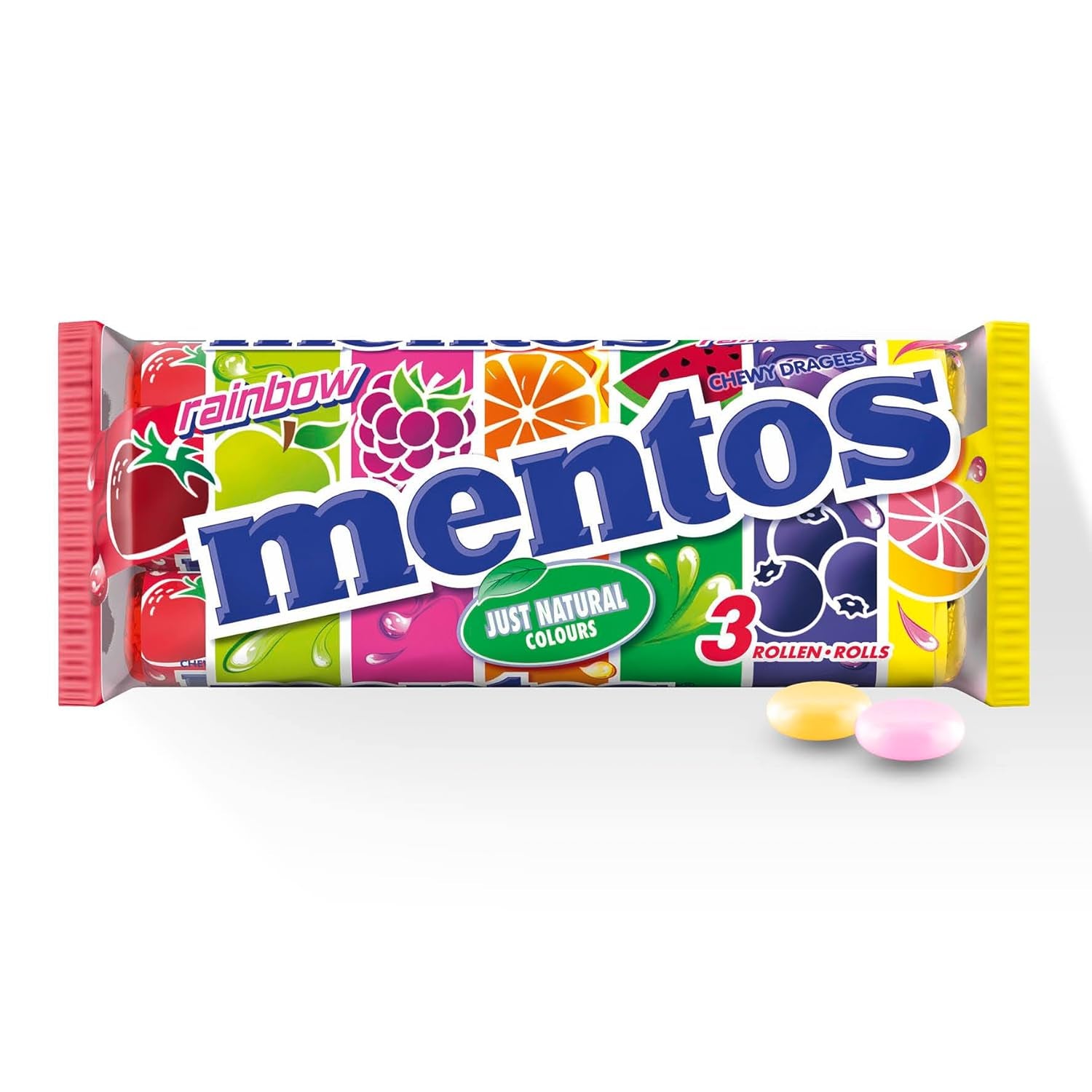 Mentos Fruit Dragees Naranja Limón Fresa Dulces masticables con sabor a fruta (3 rollos), vegano (paquete de 3)