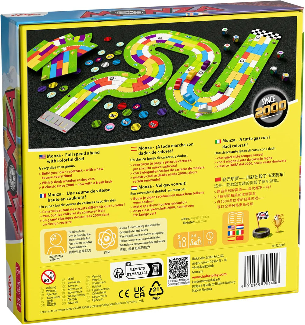 HABA Monza - Juego de mesa rápido y juego de carreras de coches para niños a partir de 5 años - Con 6 coches de madera de colores y dados de colores - 2012226001