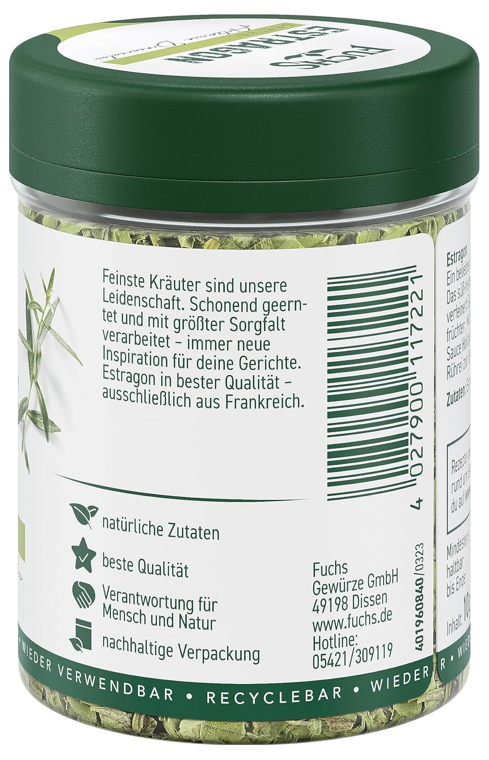 Fuchs Gewürze - Estragon gerebelt - französisches Kraut zur Verfeinerung von Saladen, Sauce Hollandaise oder Rührei - ingredientes naturales - 10 g en wiederverwendbarer, recyclebarer Dosis