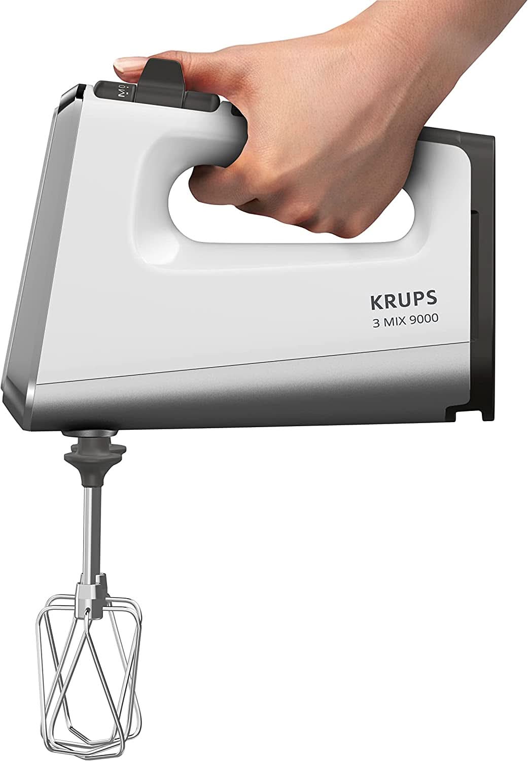 Krups GN9121 3 Mix 9000 Batidora de mano | 750 vatios | Geschwindigkeitsregler | Modo turbo | Auswurfffunktion | Empuñadura ergonómica Incl. Schneebesen, Knethaken, Pürierstab-Aufsatz, Messbecher | Tienda Weiß/Silber Naty