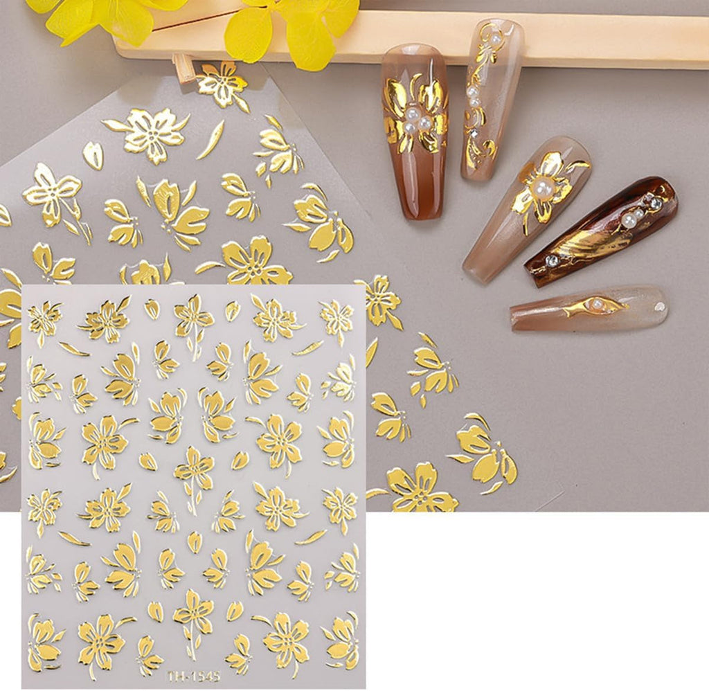 JMEOWIO Nagelsticker Goldene Blumen 8 Blatt Nail Art Sticker Selbstklebend Nagelaufkleber Dekoration Nageldesign Zubehör