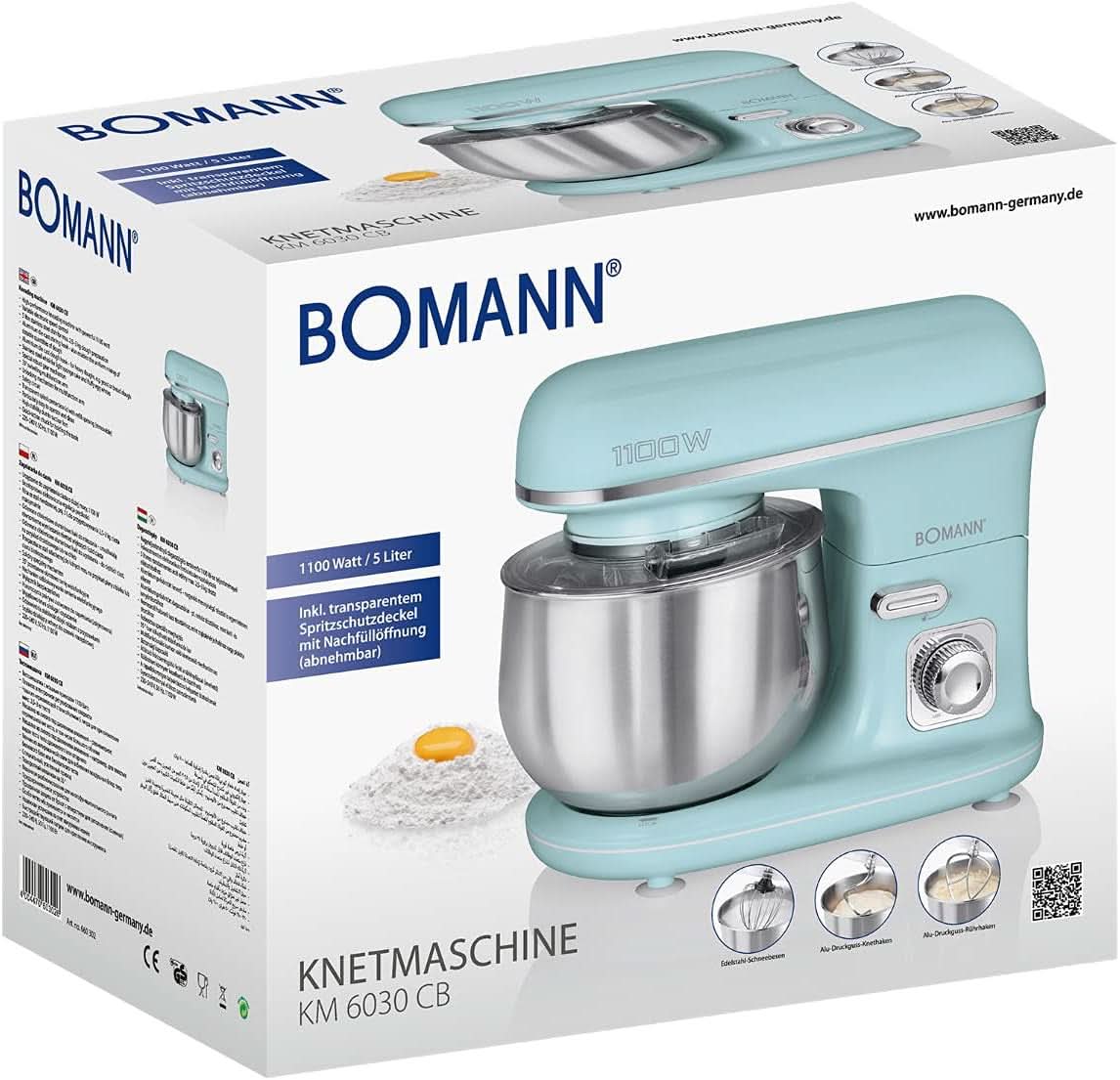 Bomann® Retro Küchenmaschine Zum Backen | Máquina de tejer 5L | Motor más rígido de 1100 W | Teigmaschine Inkl. Haken y Schneebesen | Retro Teigknetmaschine Spritzschutz Mit Nachfüllöffnung – KM 6030 CB Mint-Grün Madre e hijo Naty Shop