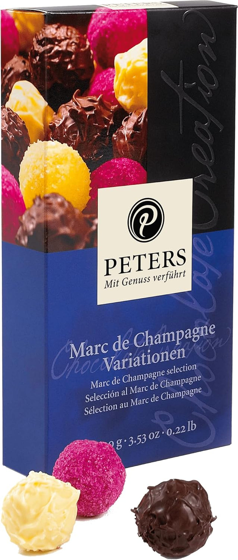Peters, cutie cadou, amestec de praline cu sau fara alcool Bomboane de Ciocolata Naty Shop 100 grame Marc De Champagne - Variații