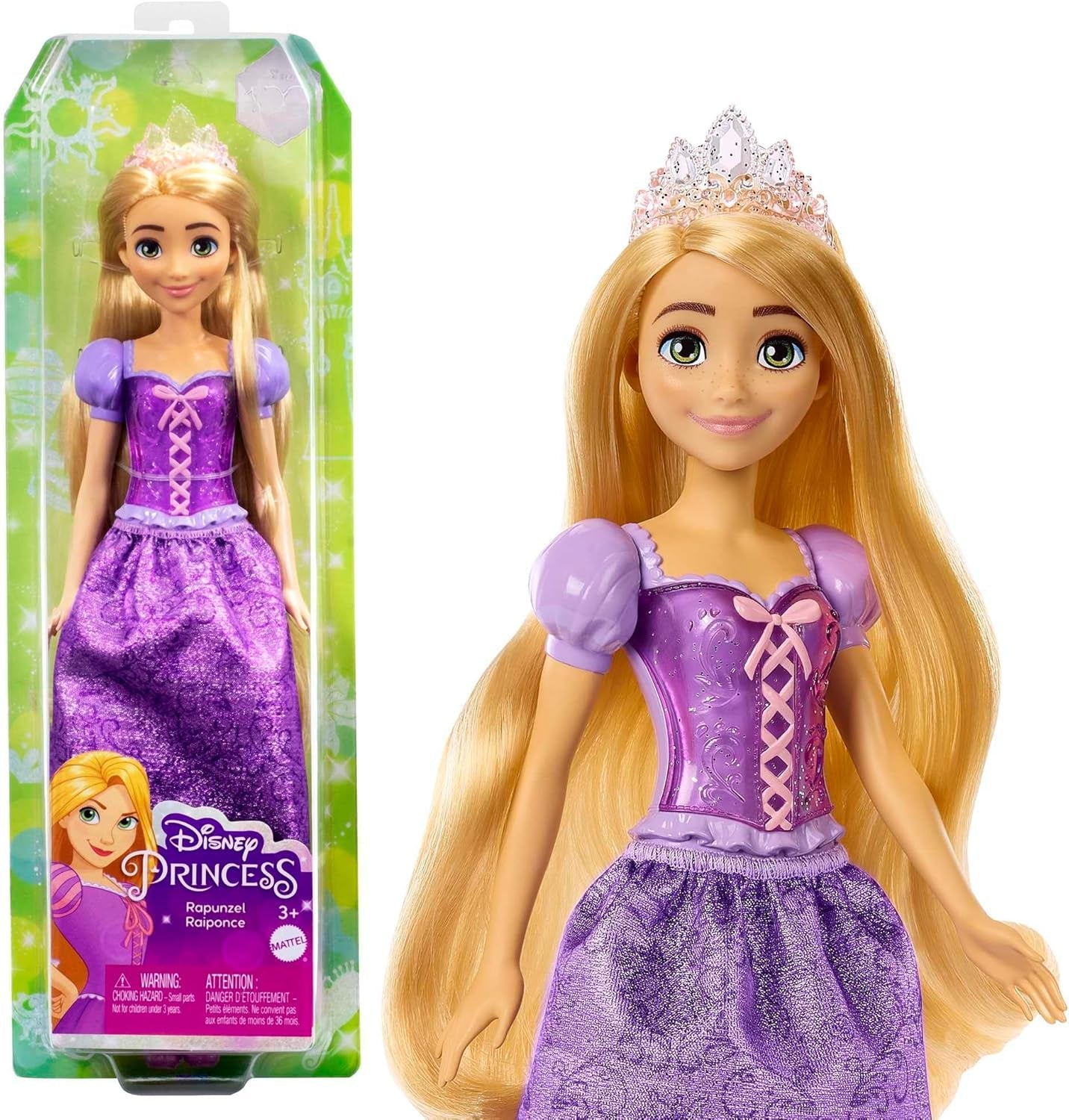 Mattel Disney Princess Rapunzel doll, Păr lung de coafat, Mobil, Pantofi și diademă detașabile, Cadouri Disney, Jucării de la 3 ani, HLW03 Papusi Naty Shop Rapunzel