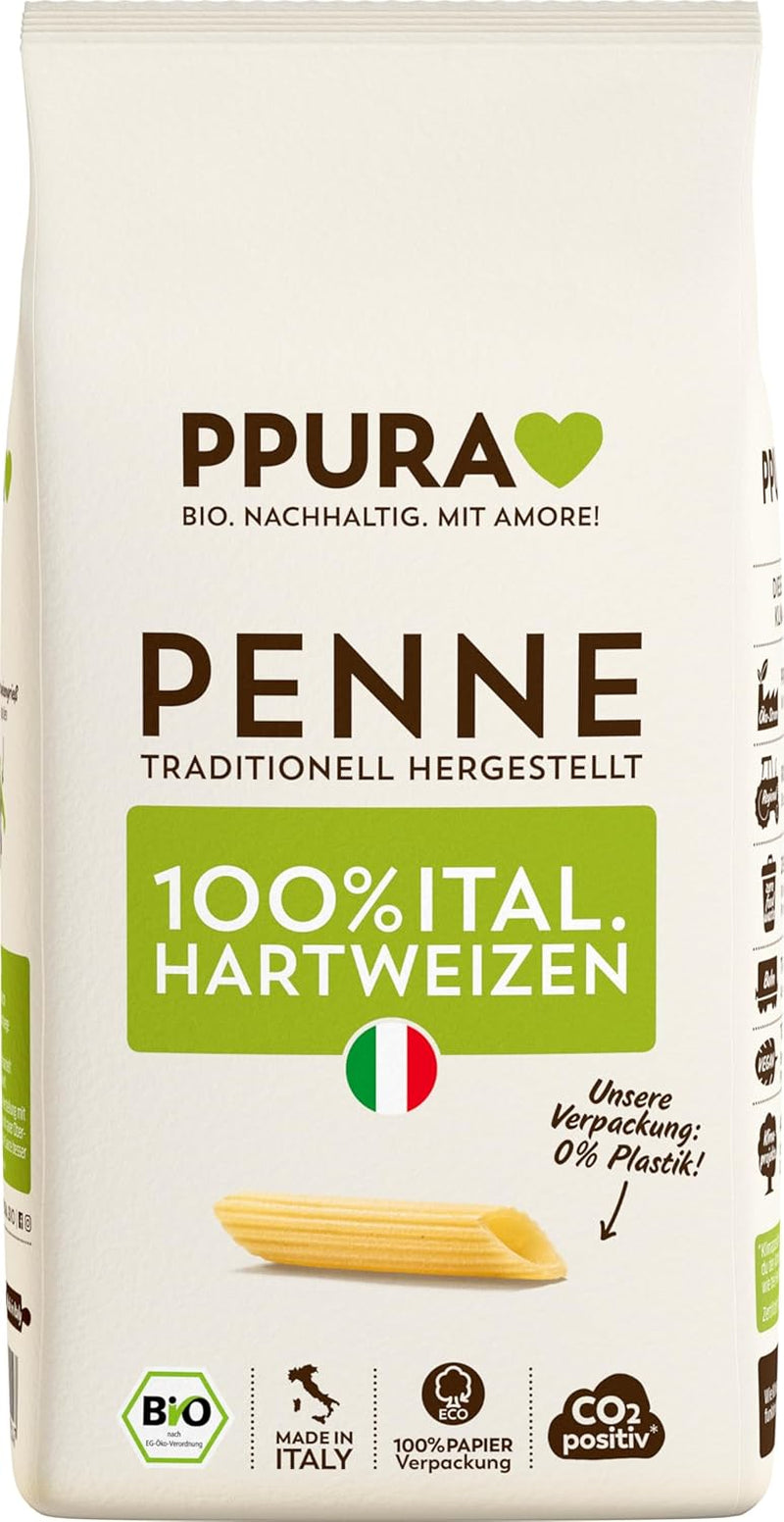 PPURA Pasta Penne de Trigo Duro Orgánica 500g, pasta tubular 100% natural, Made in Italy - pasta italiana sin aditivos, colorantes ni conservantes