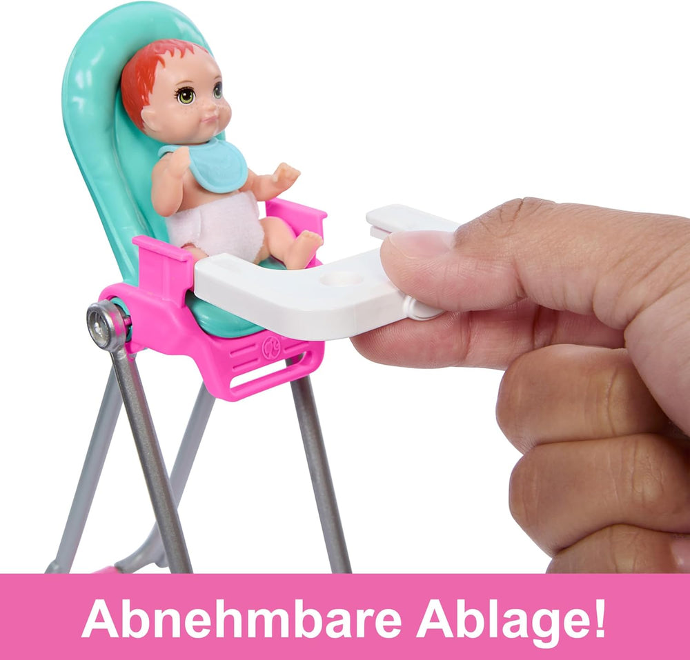 Păpușa Barbie Skipper și set de joacă cu accesorii, set de babysitting cu tematică alimentară, jucărie care își schimbă culoarea, HTK35