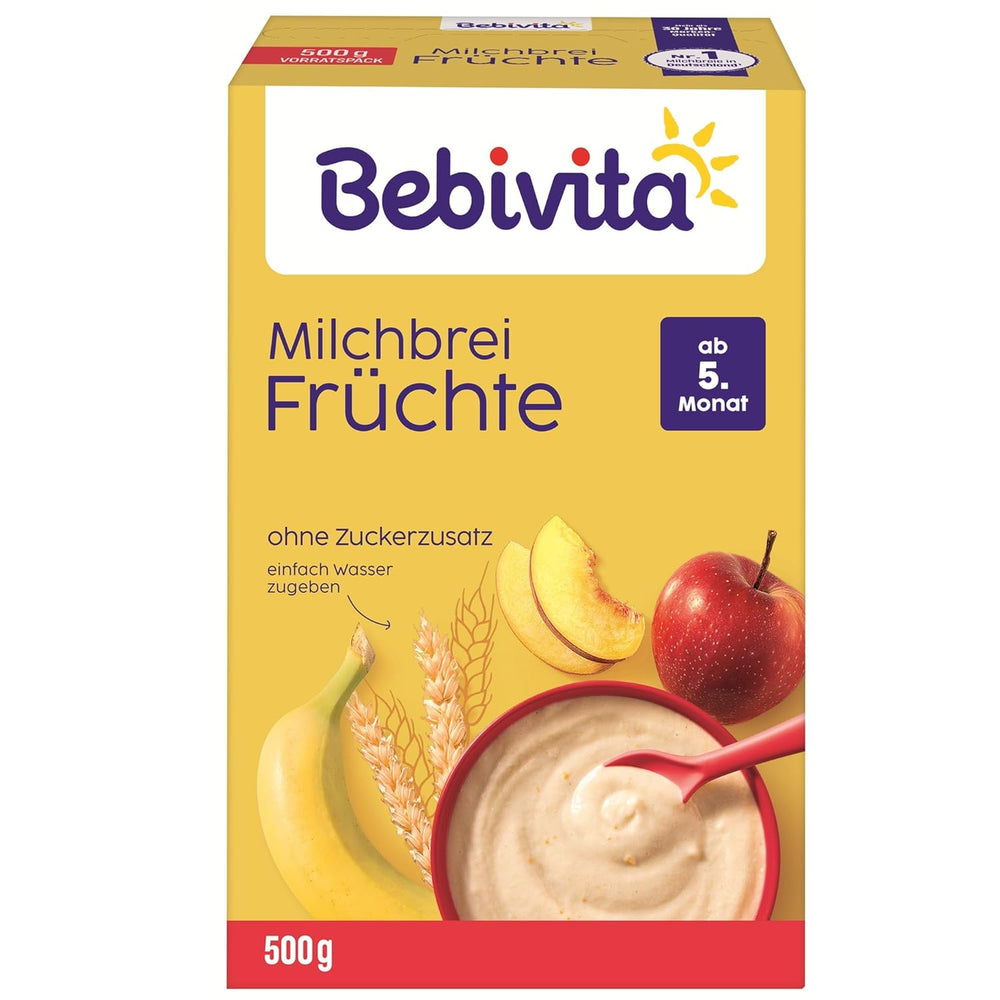 Papilla de leche con frutas (4x500g), a partir de 5 meses, sin azúcares añadidos, con valiosos minerales y vitaminas, muy saciante