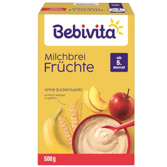 Papilla de leche con frutas (4x500g), a partir de 5 meses, sin azúcares añadidos, con valiosos minerales y vitaminas, muy saciante